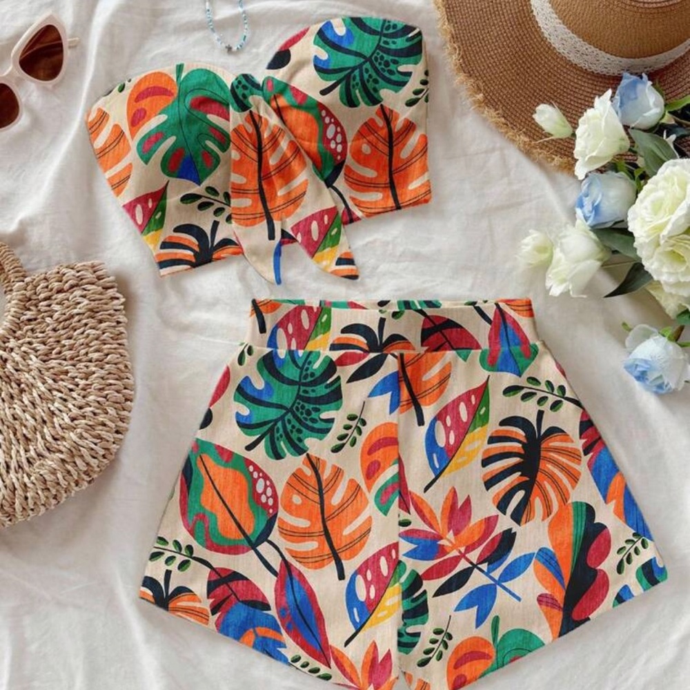 Tropical Leaf Print Two-Piece Set